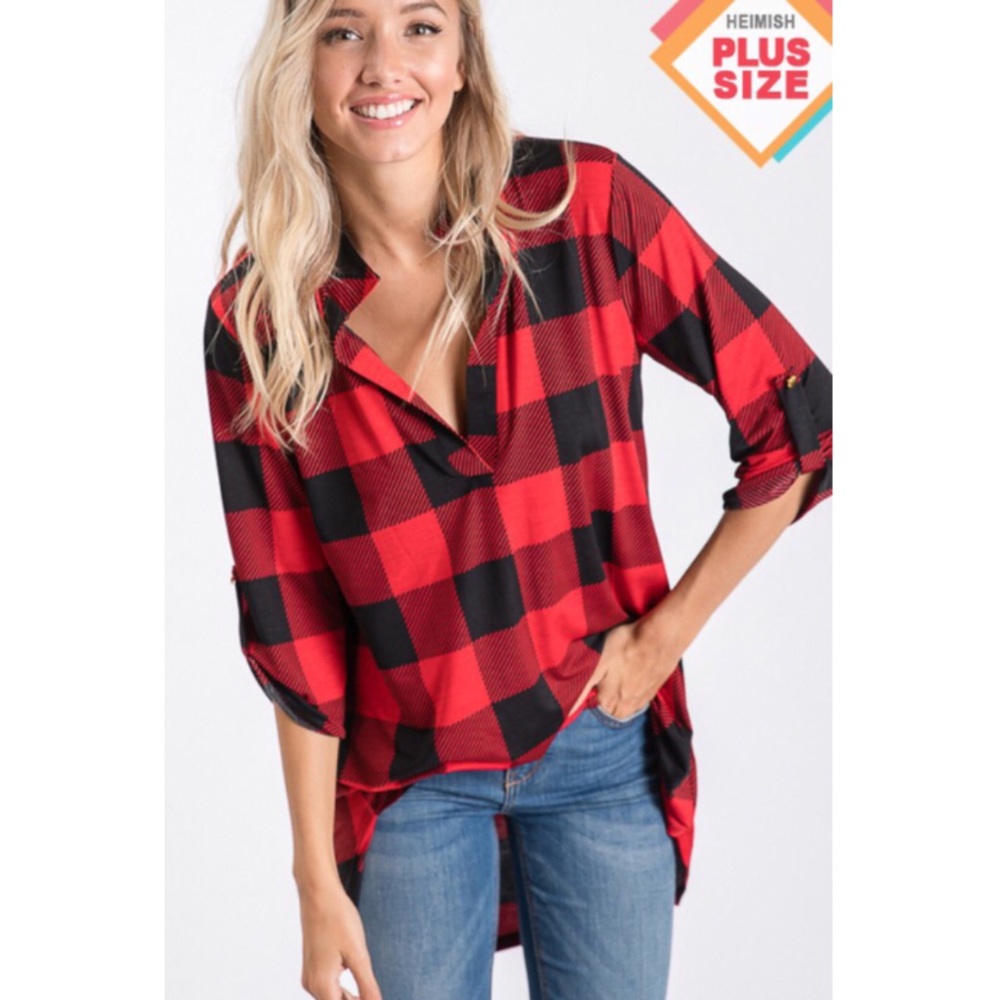Heimish | Plus Size Buffalo Plaid Hi-Low Tunic Top - Red White Check